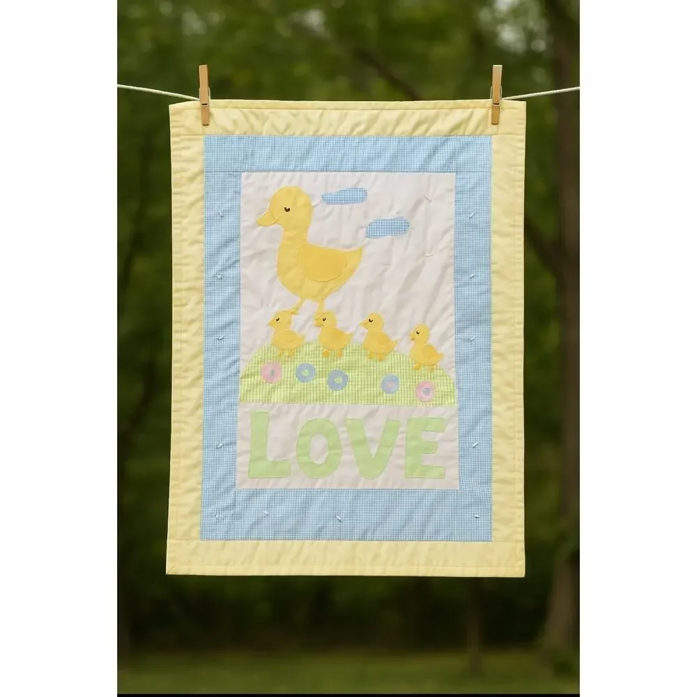 Cottagecore Baby Quilt‎ Yellow Duck Appliqué LOVE Nursery Wall Hanging Blanket